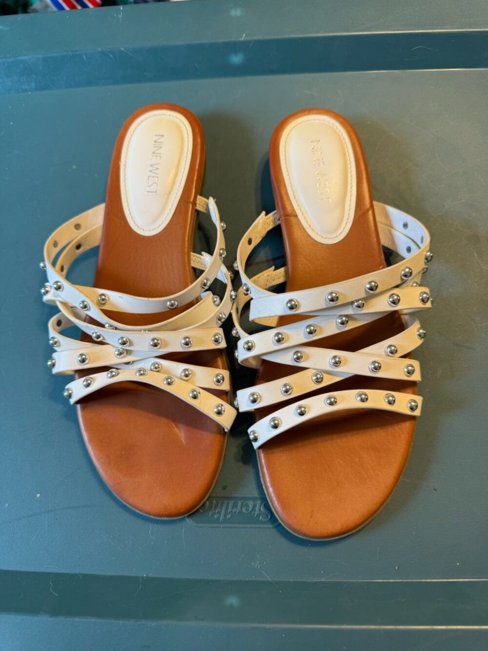 Nine West White leather strappy flat sandals with studded detail. Size 8.5.